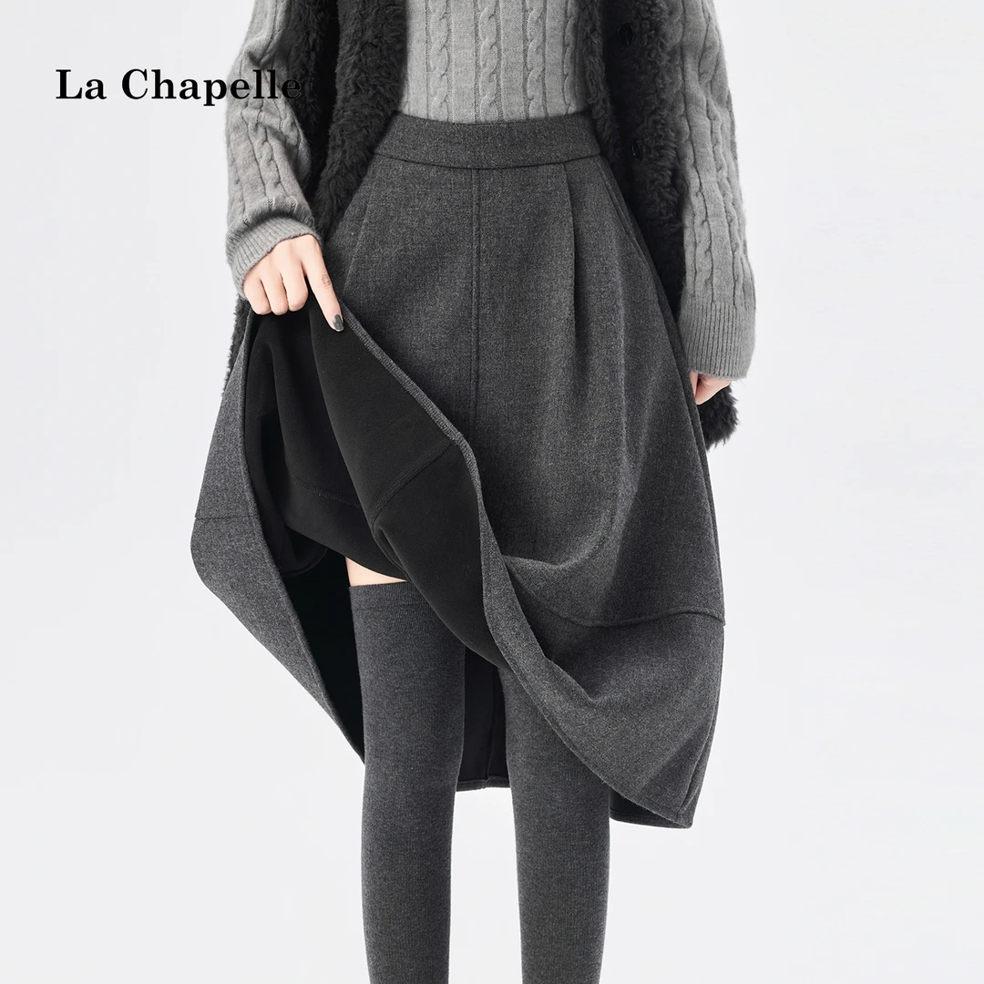 拉夏贝尔灰色加厚毛呢花苞裙女秋冬季高腰加绒蓬蓬裙小个子a字裙