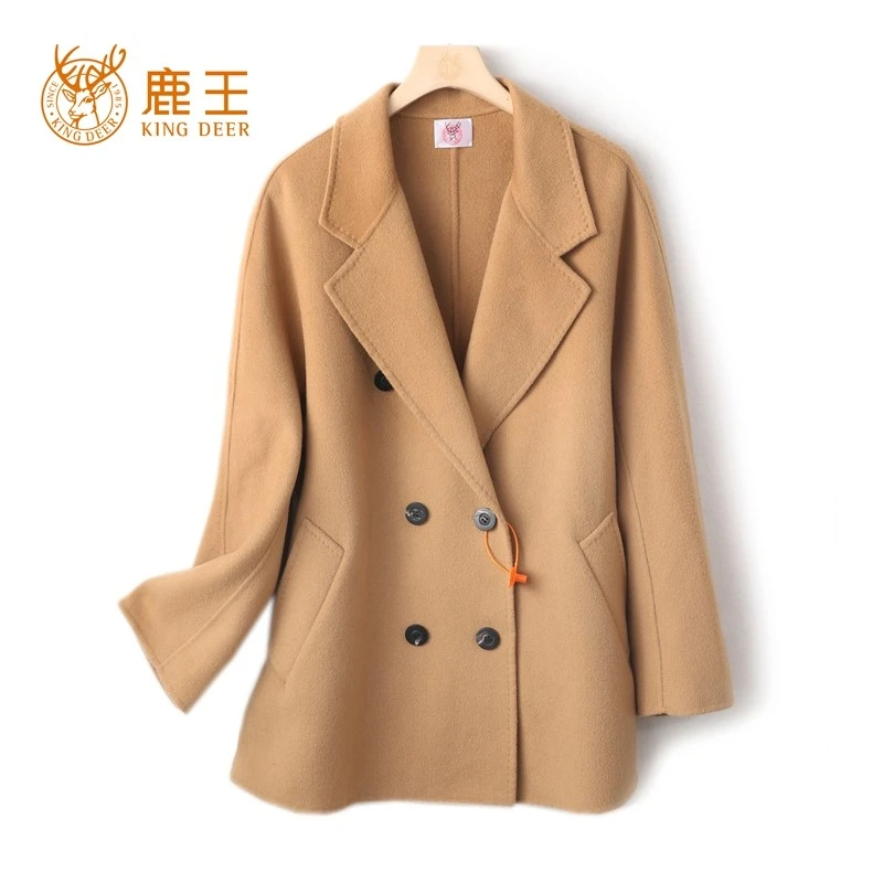 鹿王24新款女西服领100山羊绒经典双排扣休闲中长大衣LX200女士