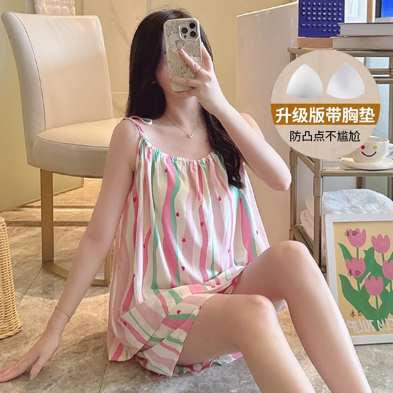 夏季新棉绸睡衣女时尚吊带短裤带胸垫套装小性感可爱甜美风家居服