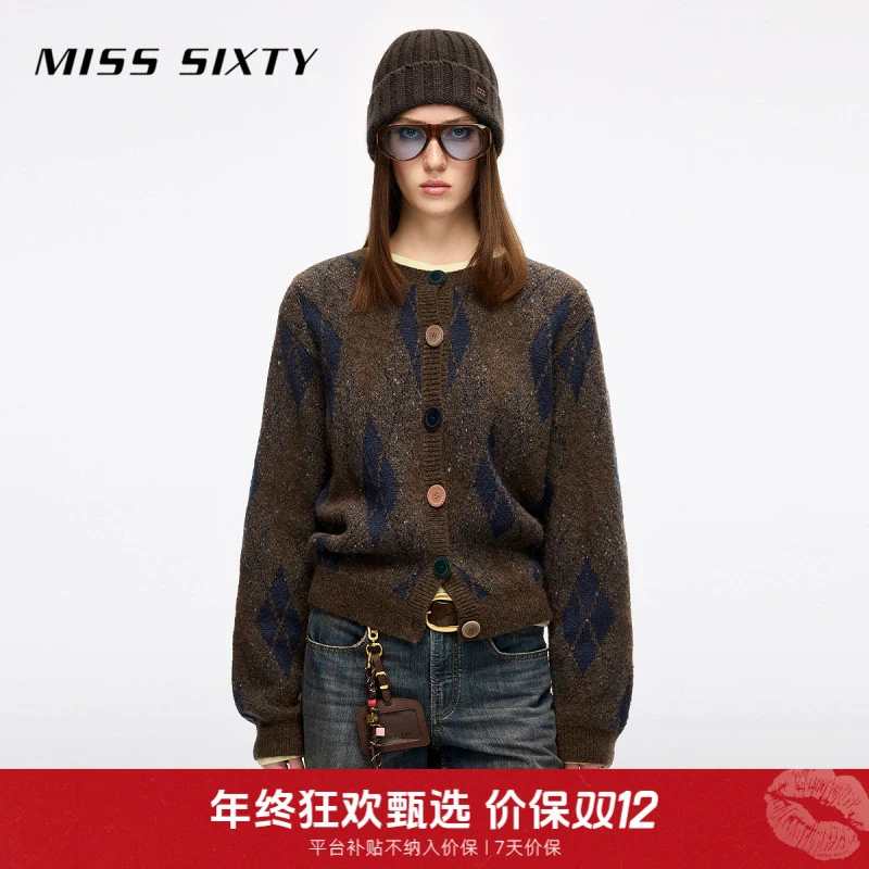 【搭搭专属】Miss Sixty2025冬季新款针织开衫女复古菱形格纹绵羊毛