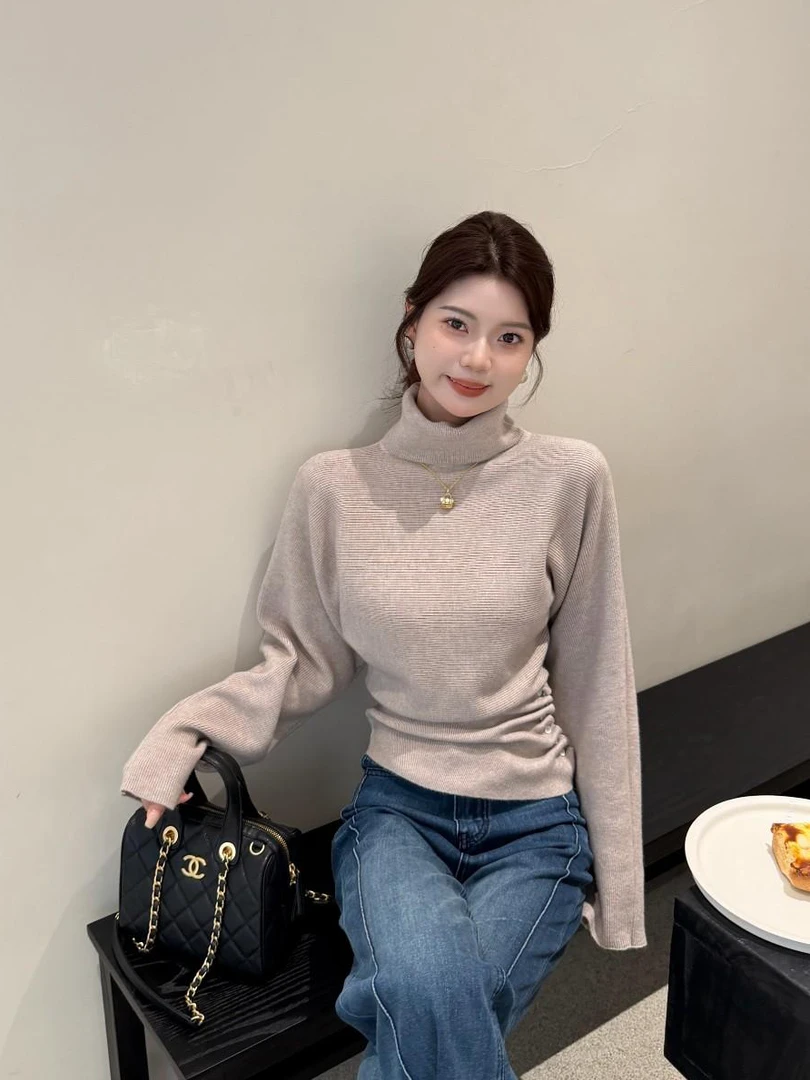 韩系高领侧边抽褶设计感针织衫女秋冬季内搭收腰显瘦气质上衣外穿