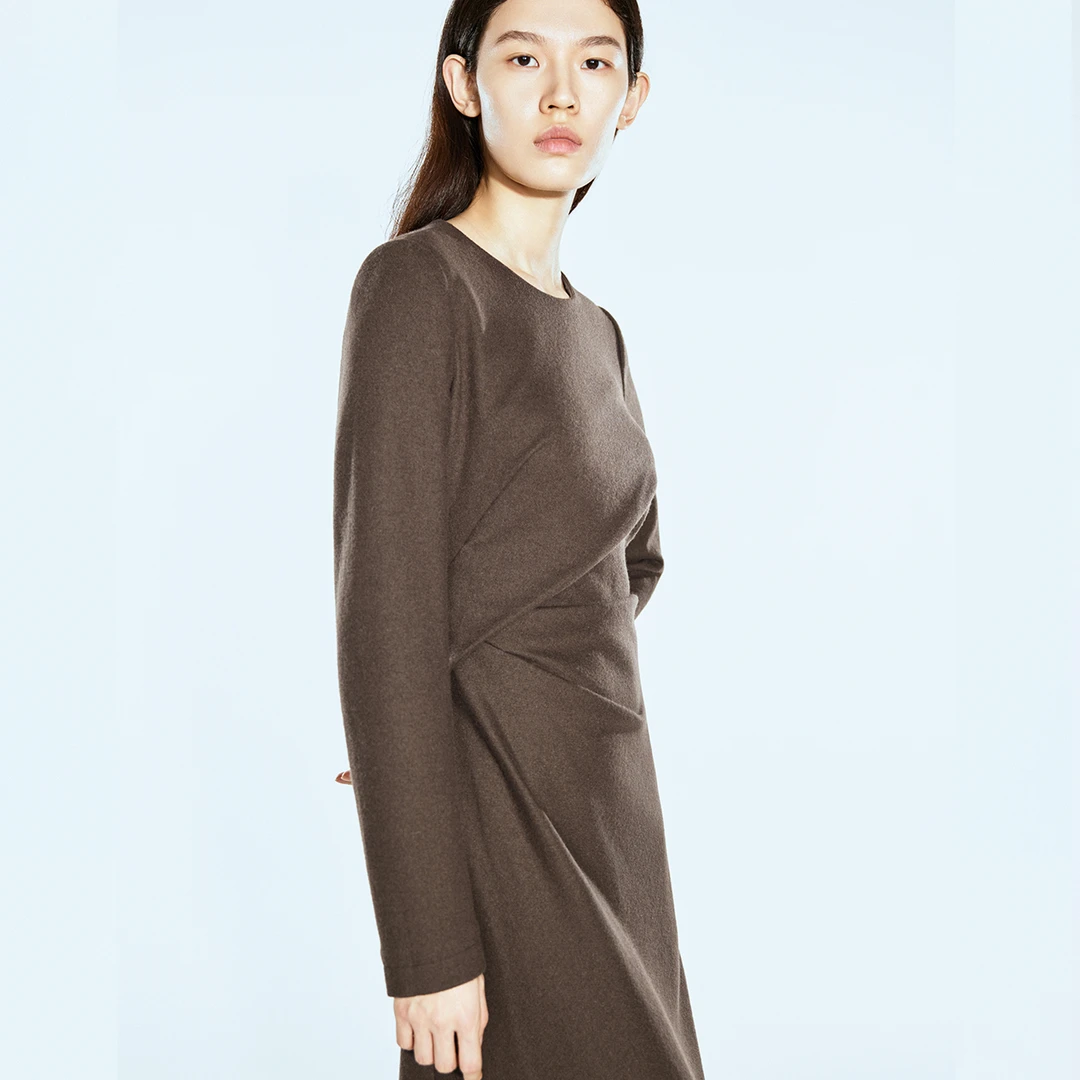 COVERINS2025春季美拉德羊毛捏褶收腰气质连衣裙CC35160030