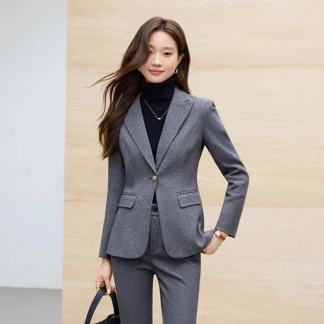 冬季加厚人字纹深灰色西装套装女职业正装老钱风通勤西服外套