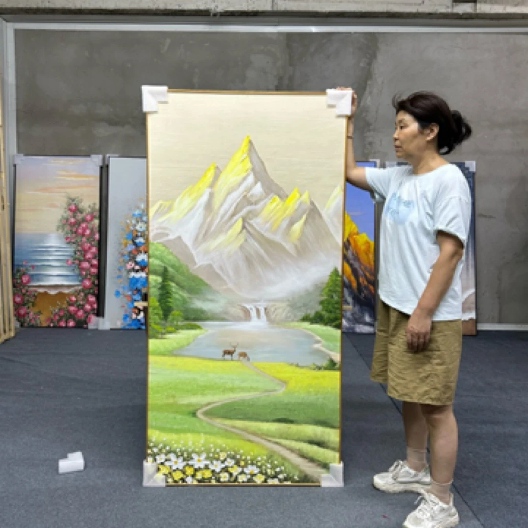 日照金山玄关手绘油画聚宝盆山水风景过道走廊装饰画80160