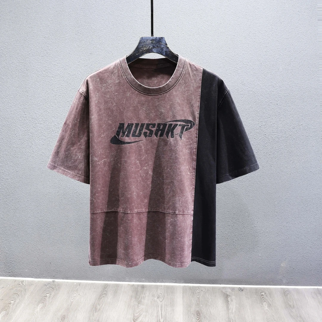 JJ美式复古云染短袖t恤男夏季薄款拼接字母刺绣重磅圆领上衣纯棉