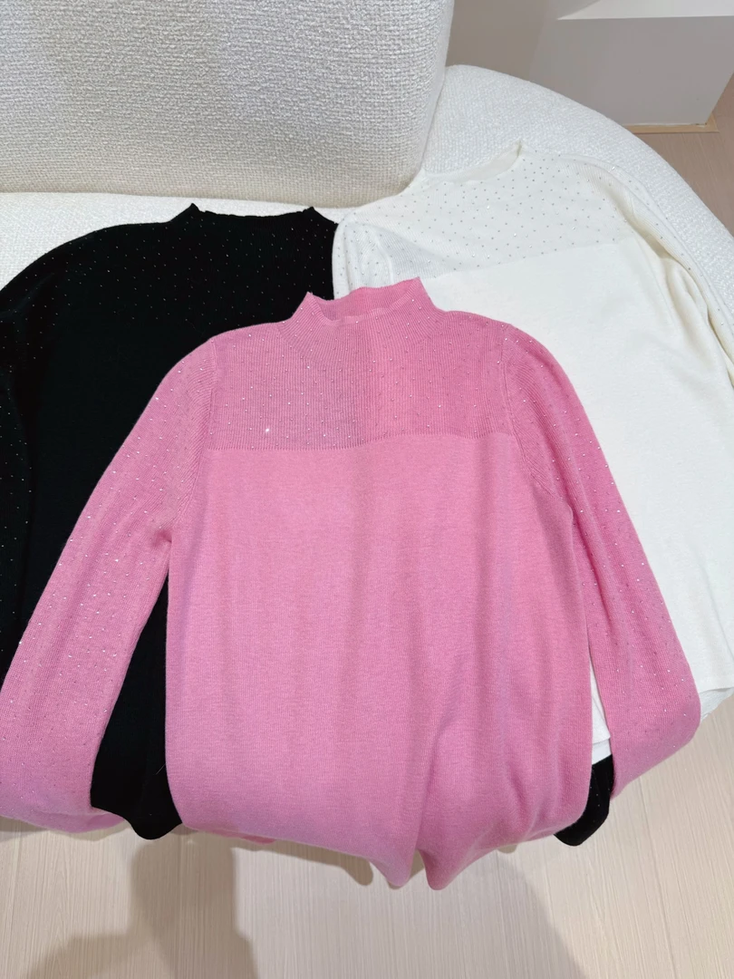 【温室花园】超细60支巴素兰羊毛半高领高温烫钻时尚百搭纯色毛衣