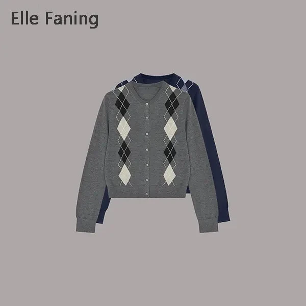 时尚拼接菱形格圆领针织衫开衫轻熟风长袖复古宽松毛衣女秋冬早秋