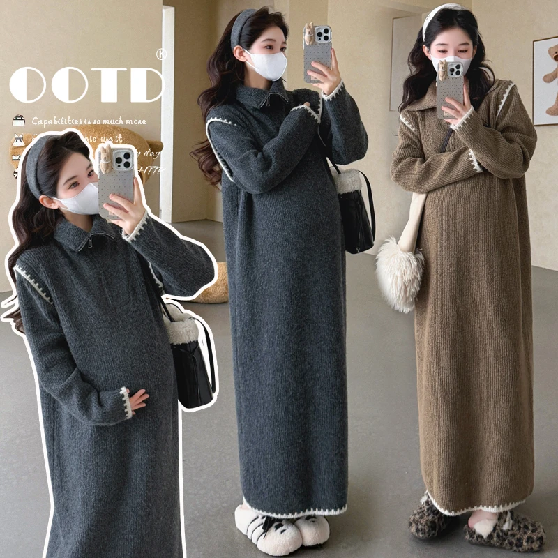 时尚孕妇秋冬新款外穿宽松针织拉链直筒连衣裙遮肚百搭中长款