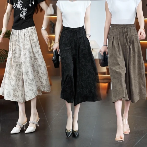 国风冰丝阔腿七分裤2025夏季新款高腰韩版休闲裤宽松薄款裙裤女