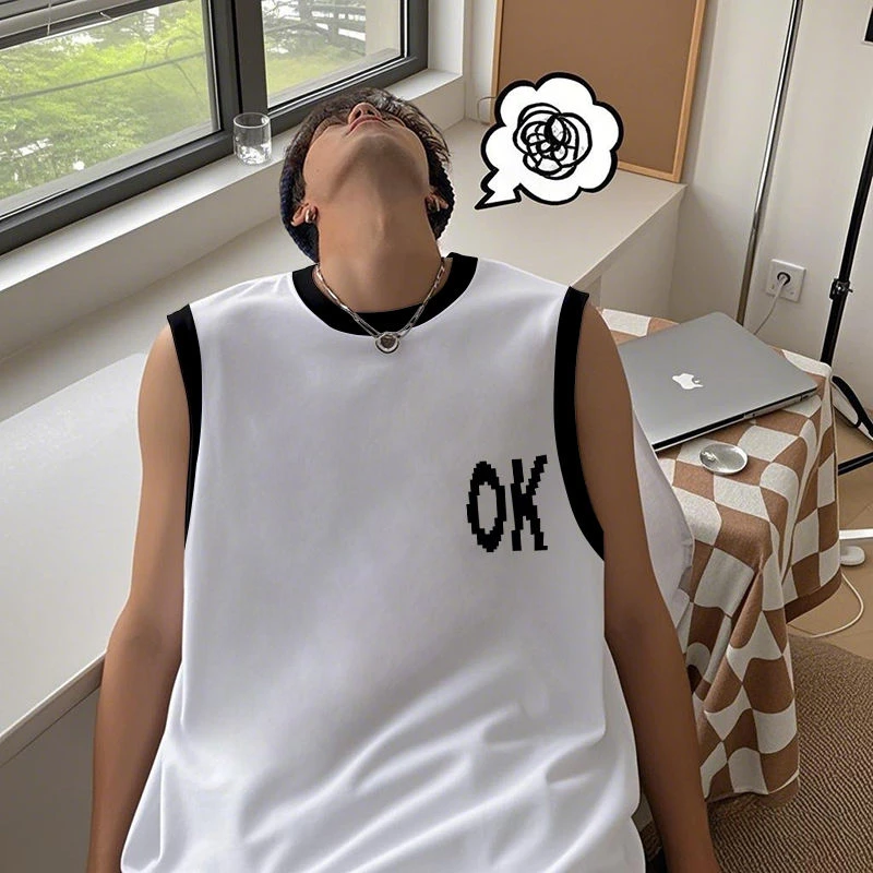 美式2025夏季新款黑白撞色ins设计感百搭宽松纯棉无袖背心T恤打底