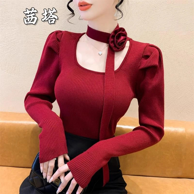 2025年秋冬新款韩版方领甜美短款长袖上衣飘带挂脖露锁骨针织衫女