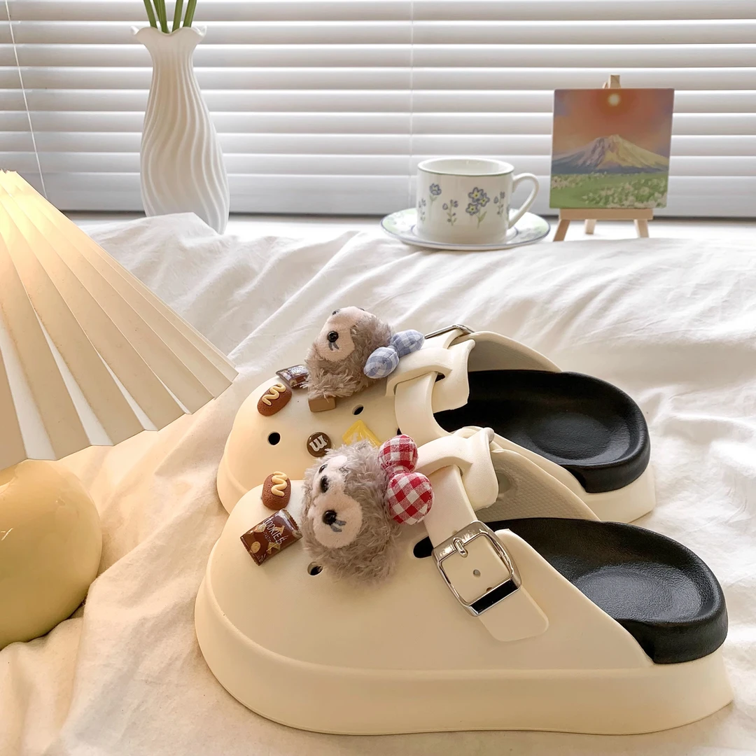 卡通可爱雪莉玫洞洞鞋女款2025春夏新款休闲透气防滑厚底包头半拖