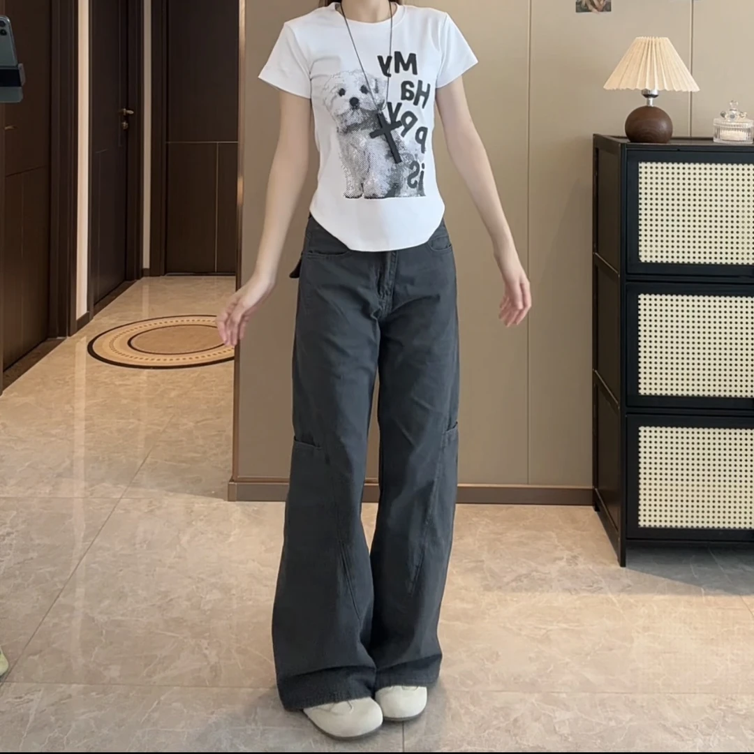 薄款工装微喇裤女夏季2025新款高腰显瘦多口袋不贴腿拖地喇叭裤潮