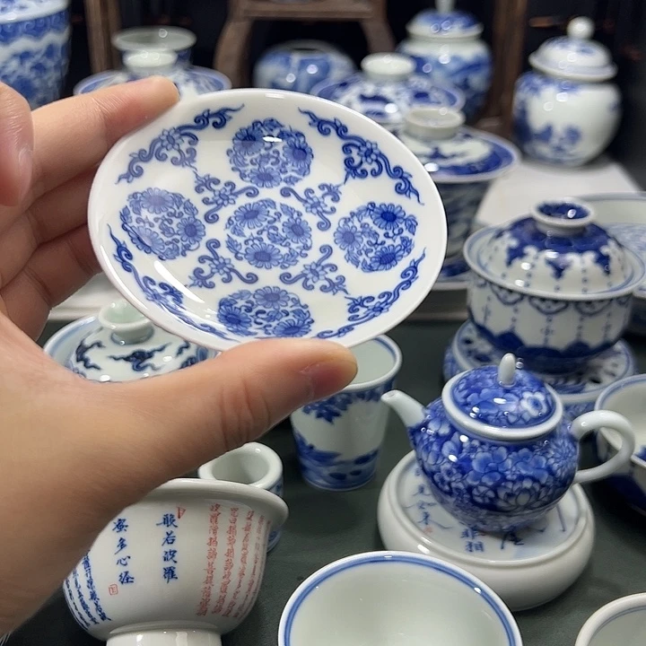 柴窑工笔团菊杯碟小果盘