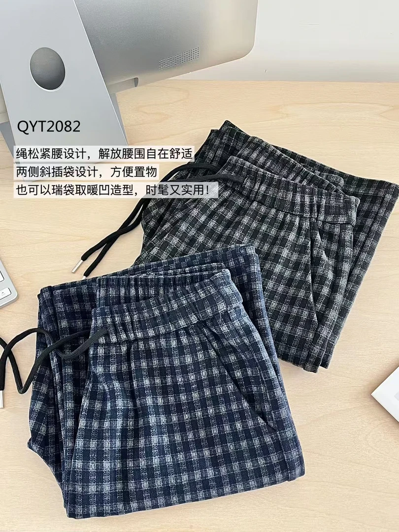 2082女士复古毛呢格子加厚阔腿裤百搭舒适秋冬单件裤子休闲时尚