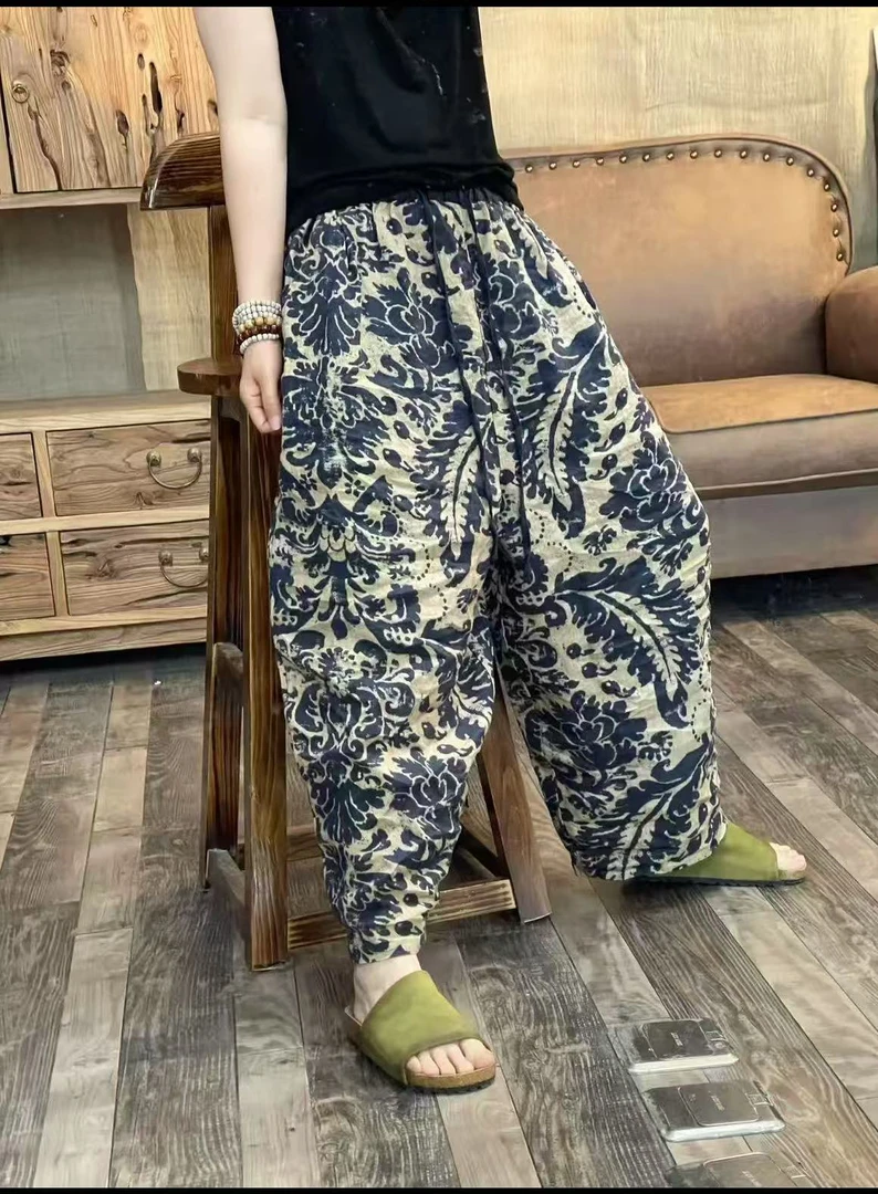 夏季亚麻炒色做旧印花女士休闲裤(长85臀围142)