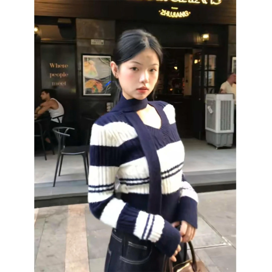 【黄昏晓】秋冬复古显瘦针织上衣短款长袖条纹撞色慵懒风毛衣打底衫