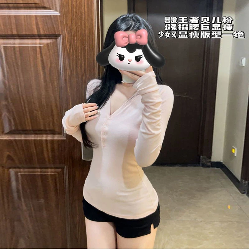 美式纯欲风辣妹v领长袖T恤女春秋季小众别致修身显瘦内搭打底上衣