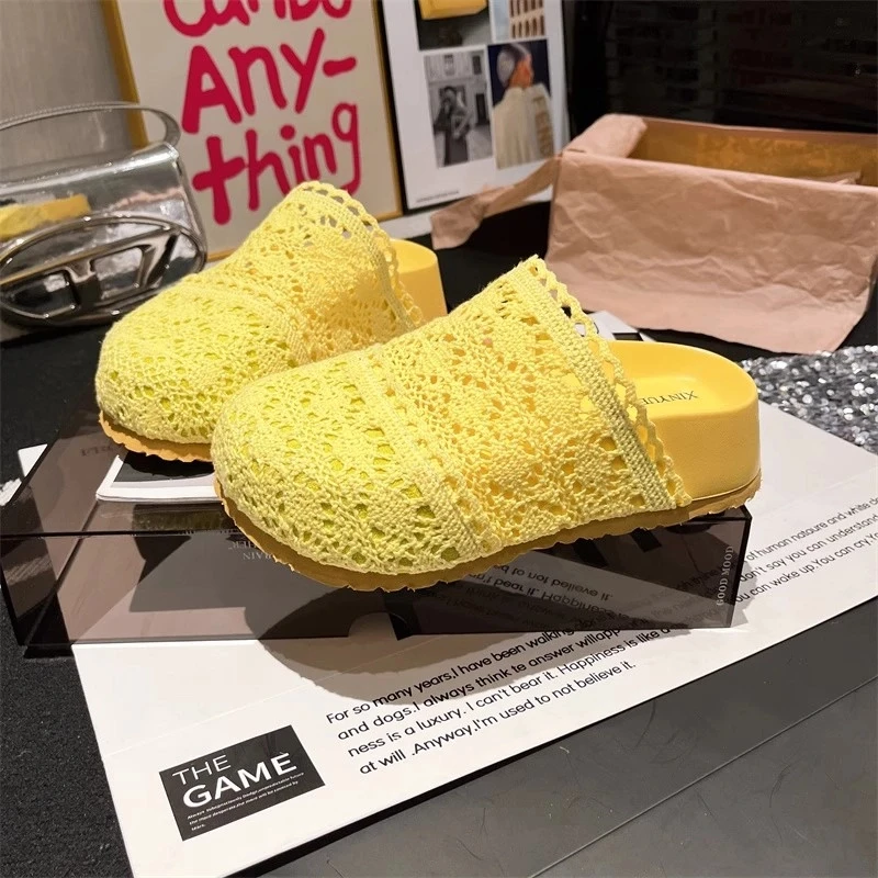 勃肯鞋夏季新款蕾丝钩花文艺风厚底松糕包头凉鞋托外穿复古拖鞋女