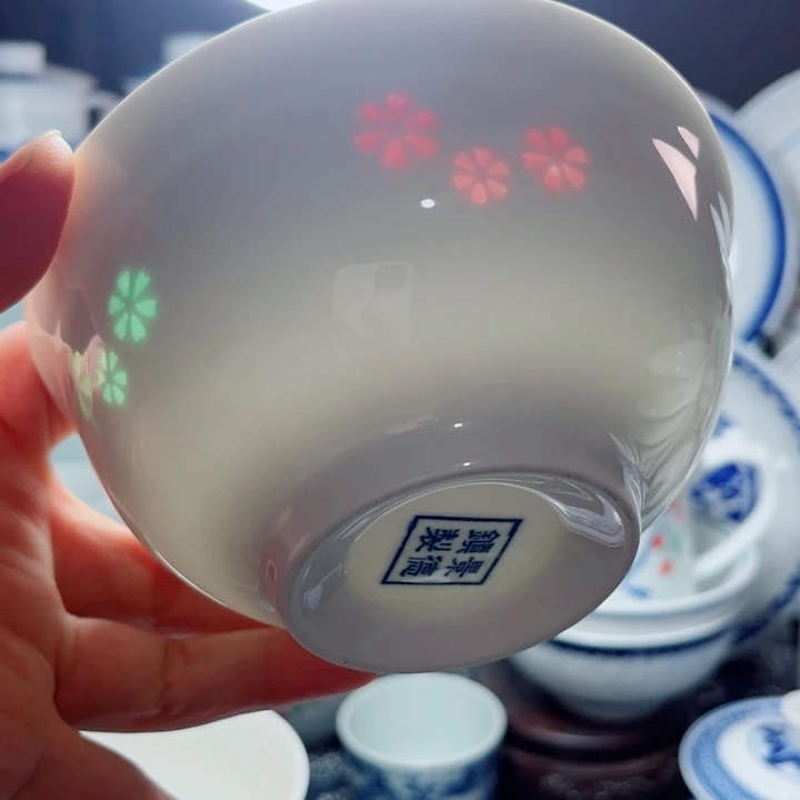 青花玲珑5寸饭碗三星花彩玲珑