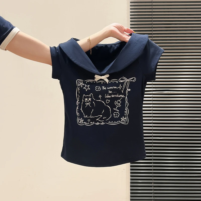 时尚甜美印花娃娃领正肩短袖T恤女夏修身显瘦蝴蝶结上衣2025新款