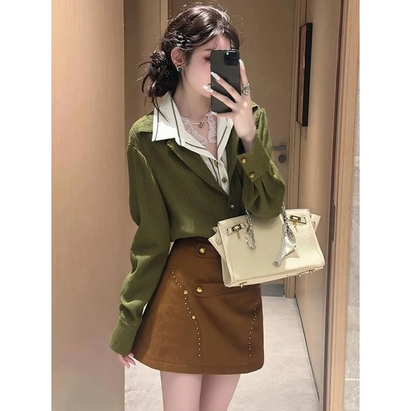 parkyeon秋冬新款韩系减龄穿搭一整套衬衫上衣女钉珠半身裙套装