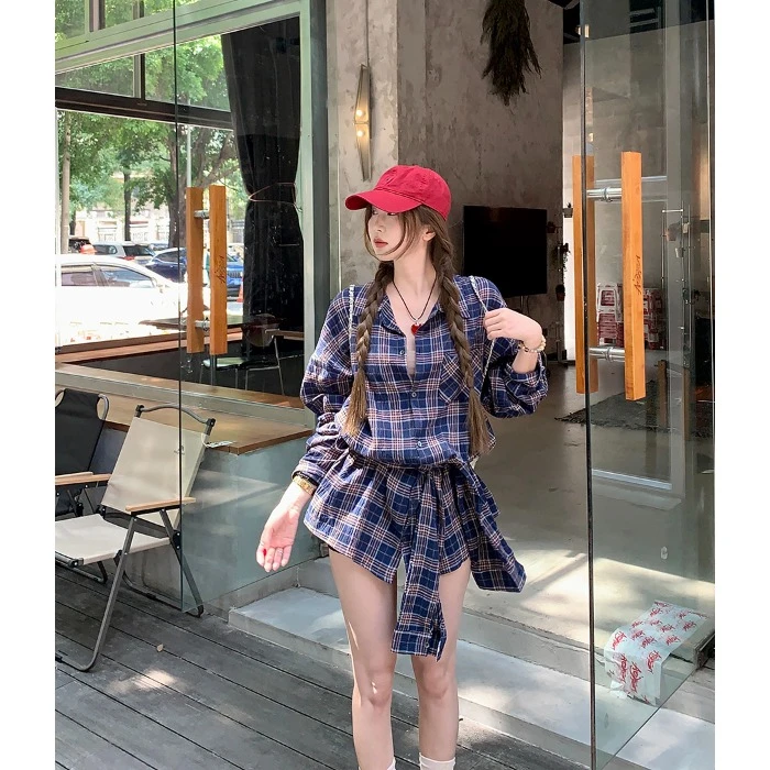 休闲慵懒风长袖格子POLO领衬衫女春季宽松显瘦中长款绑带系扣上衣