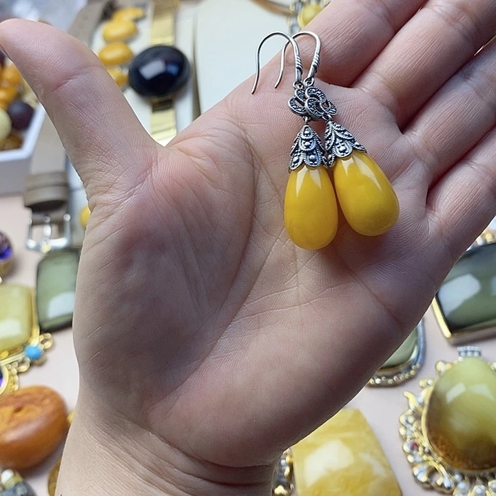 银S925镶嵌蜜蜡耳饰蜜蜡耳坠