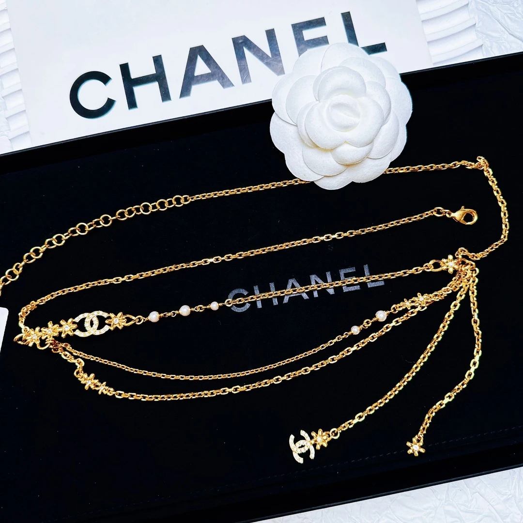 95新 Chanel/香奈儿 柚礼中古/香奈儿素金花花双C项链CG501188