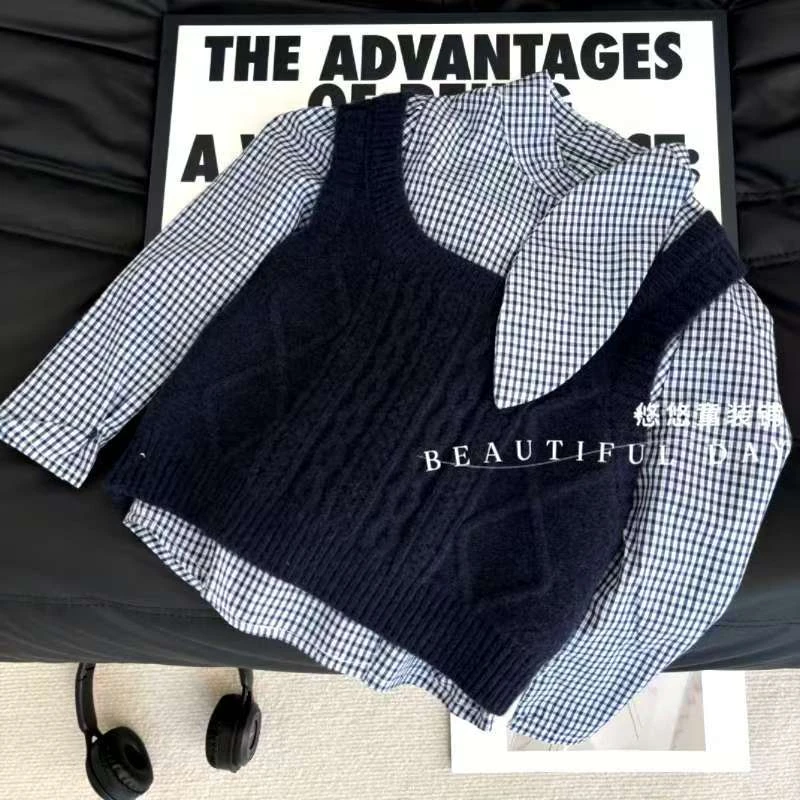 女童秋季新款套装格子衬衫打底针织背心马甲女宝宝两件套