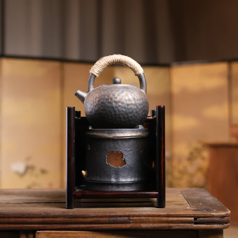 【福器】鎏金锤纹提梁壶套装-鎏金高升酒精炉+墨韵凉炉架（灰念套组）