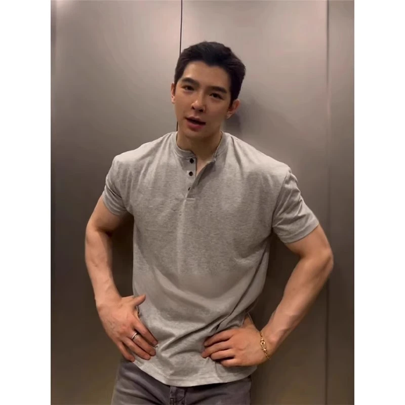 性张力穿搭美式硬汉亨利衫短袖男士polo衫痞帅修身半开领重磅T恤