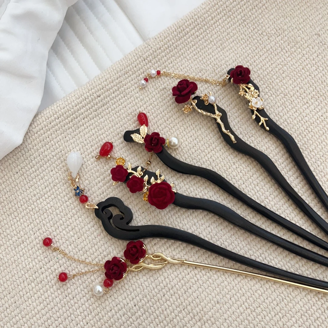 新年玫瑰花发簪复古宫廷风簪子女古装汉服盘发流苏发钗发饰女