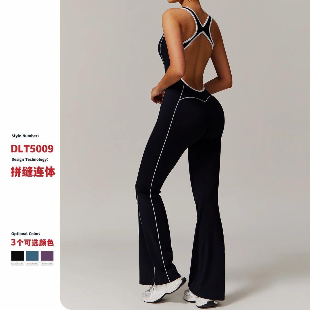 镂空美背瑜伽服舞蹈运动连体衣提臀缩褶微喇连体瑜伽服5009