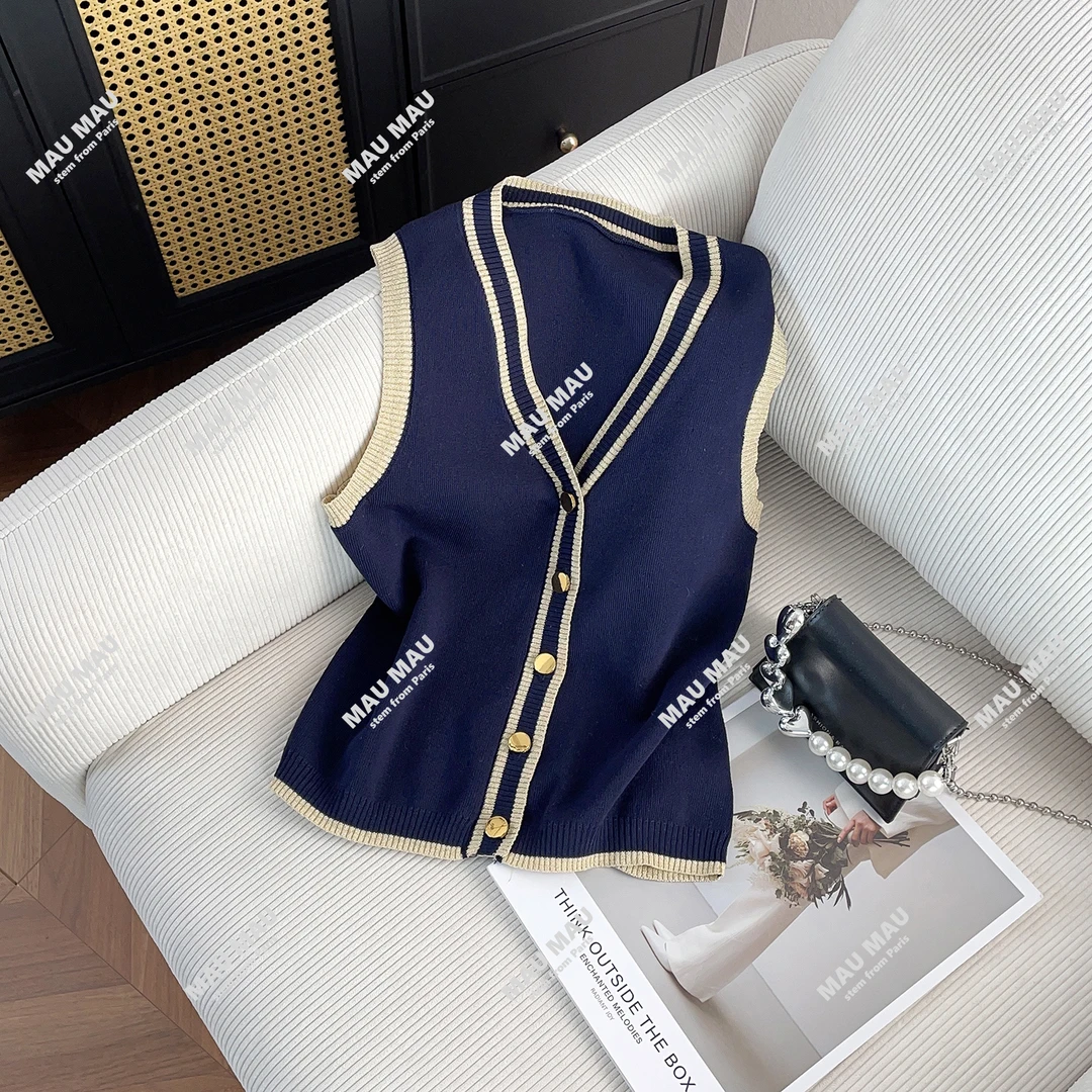 MIUMEM 夏季新款法式学院风条纹针织开衫背心马甲上衣 DY7699