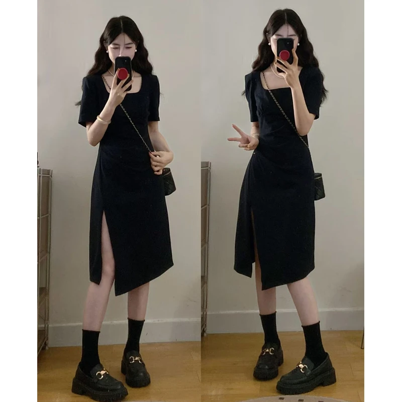 大码胖mm赫本风黑色连衣裙女高级设计感小众夏季休闲气质长款裙女