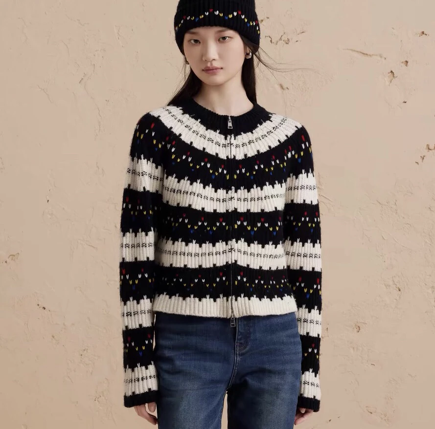 圆领彩色波点虚提条开衫女