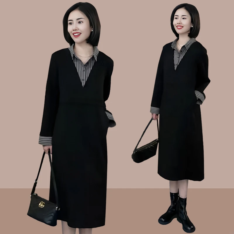 2025新款秋季时尚修身气质显瘦减龄百搭条纹拼接假两件连衣裙女