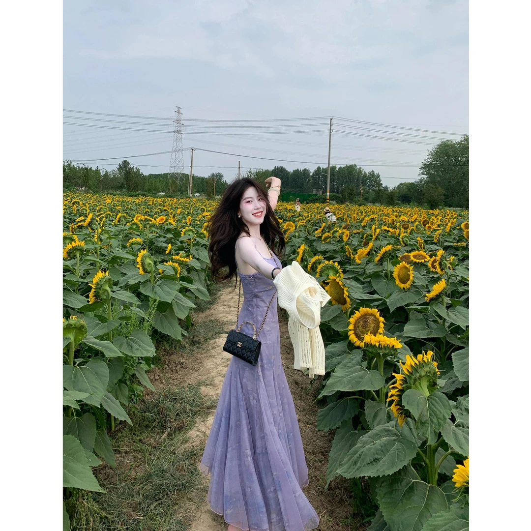 2025夏季法式开衫搭配紫色超好看独特漂亮薄纱收腰吊带连衣裙套装