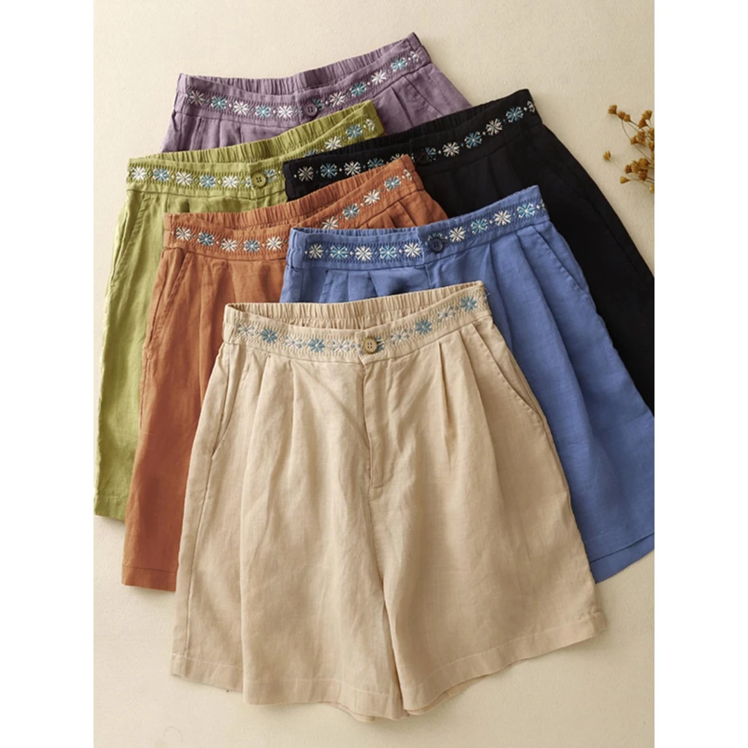 法式百搭日系薄款中式重工刺绣棉麻短裤女宽松休闲夏季五分热裤裙