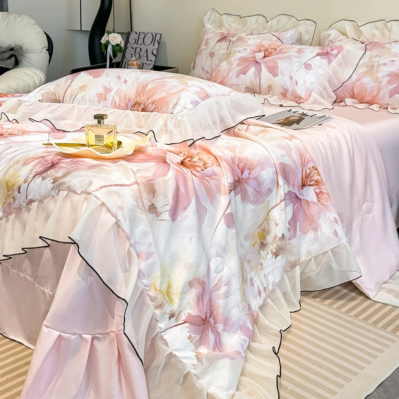 【小乔春秋粉】新品玉锦缎夏凉被四件套空调被双人薄款被子凉感夏被