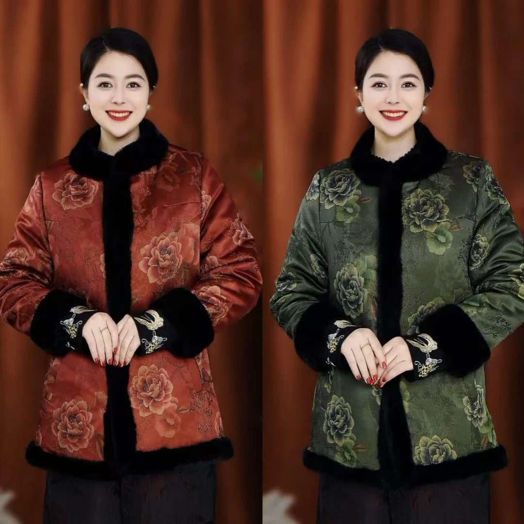 【雅韵锦裳】双面双穿复古中式绒边冬季新款印花立领保暖外套