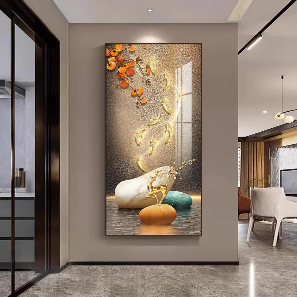 轻奢九鱼图led带灯玄关装饰画走廊过道竖版挂画现代简约壁画