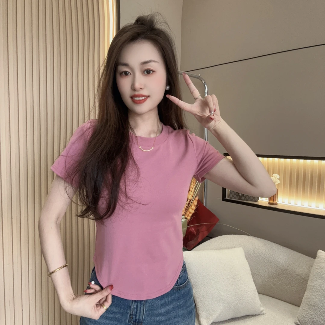 2025新款纯色短袖t恤女夏季甜辣修身显瘦遮肚子不规则短款上衣