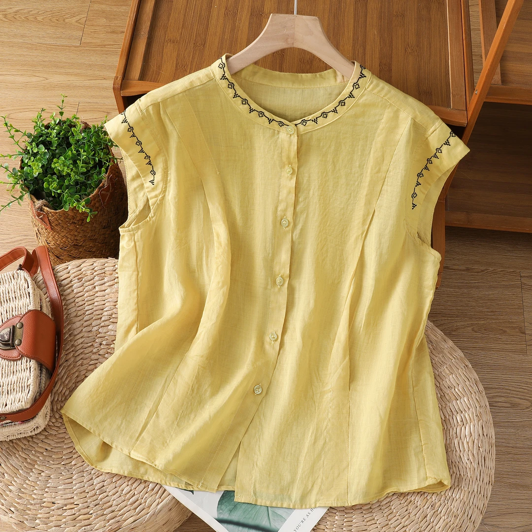国风刺绣纯棉无袖衬衫女夏季洋气减龄立领显瘦大码小飞袖开衫上衣