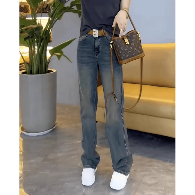 2025年春季窄版百搭直筒牛仔裤女大码新款高腰显瘦韩版时尚长裤子