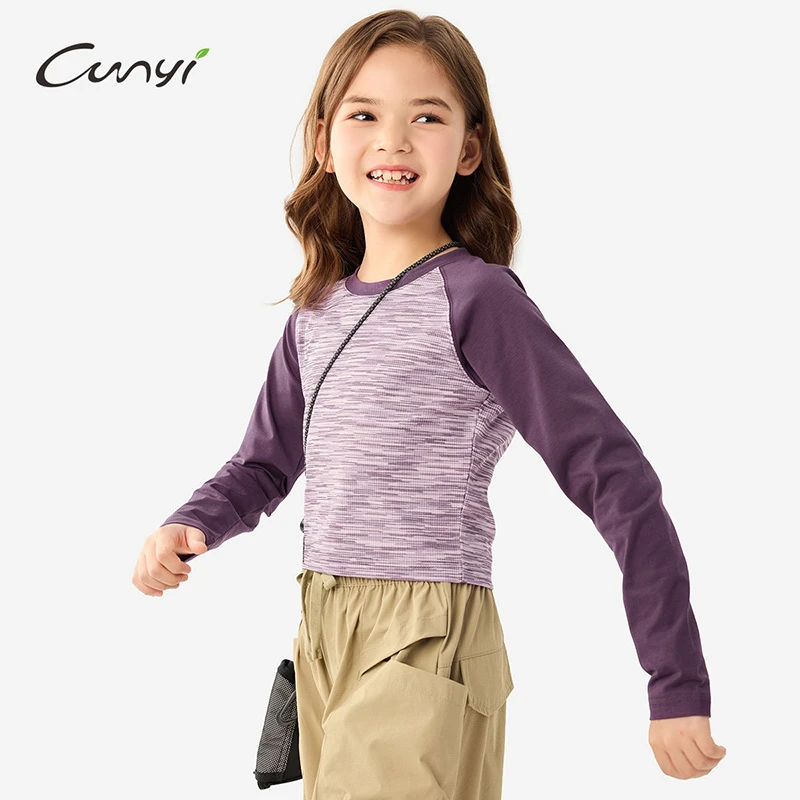 纯一良品童装女童长袖T恤2025春季新中大童休闲撞色插肩袖短上衣