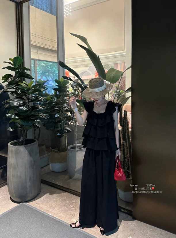 灰灰呀！6881 韩代荷叶边飞飞袖显瘦小衫+高腰显瘦阔腿裤两件套装