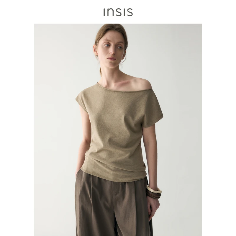 INSISFEMME天丝亚麻2025夏季新款斜肩两穿领小飞袖针织套头衫女