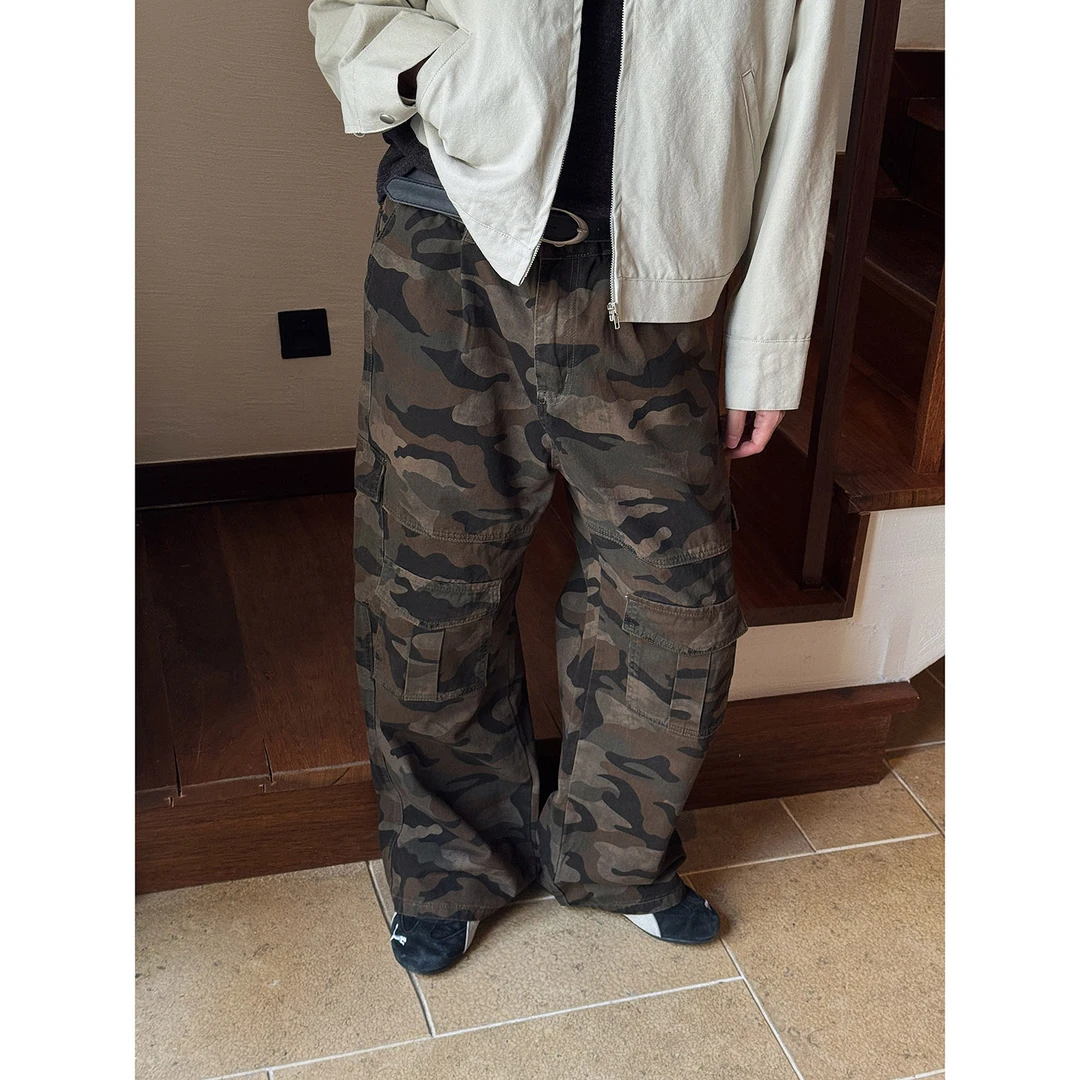 19studio WAYNEPRINCE军绿色迷彩工装休闲裤多口袋设计直筒阔腿裤